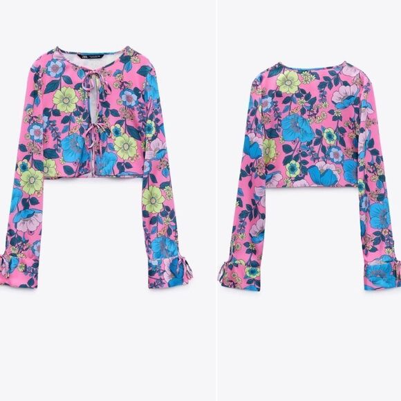 ZARA fuchsia satin effect printed crop top floral flowers S NWT - Picture 3 of 10